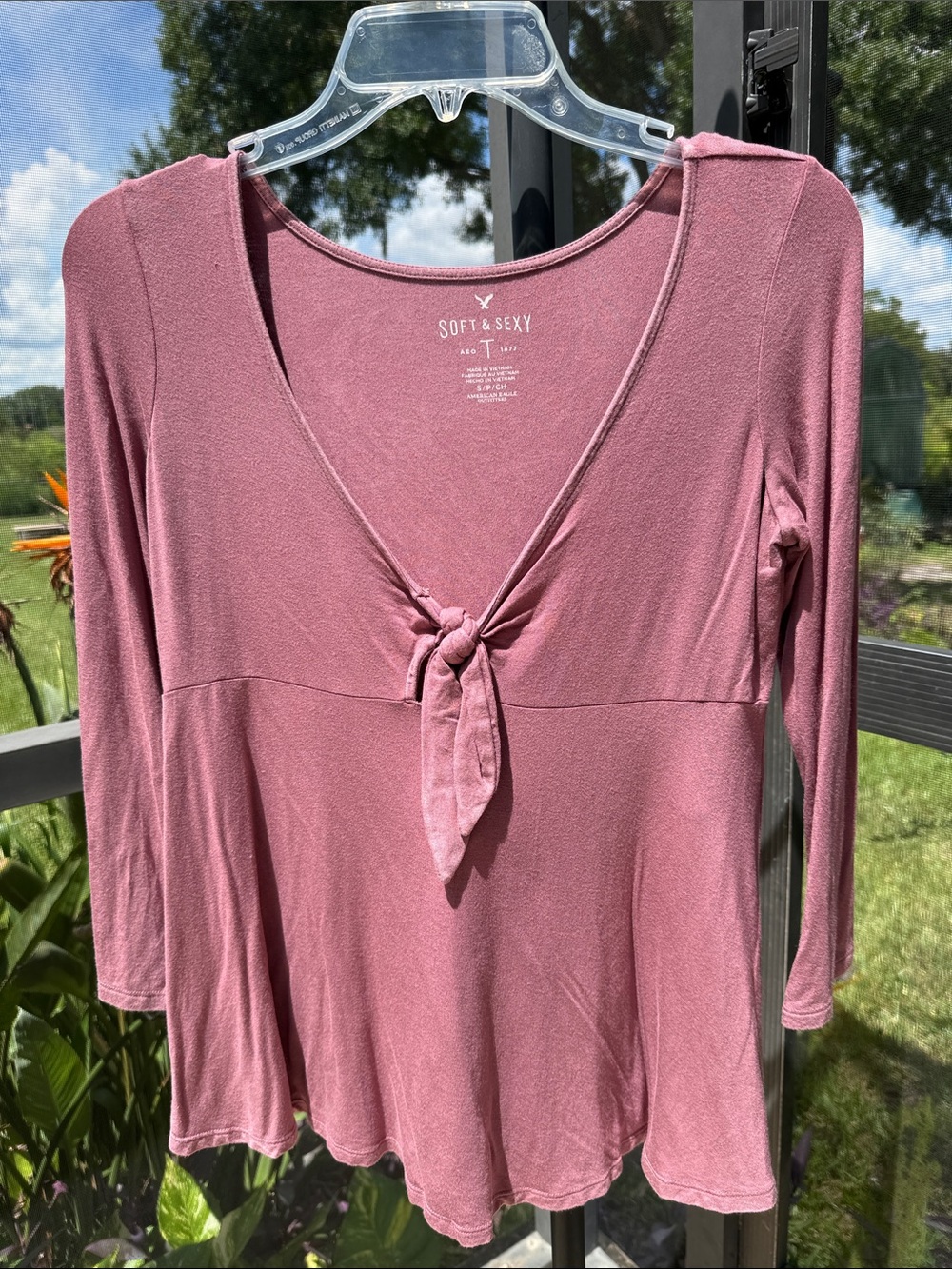 Soft & Sexy Mauve Tie-Front Long Sleeve Blouse by Aerie